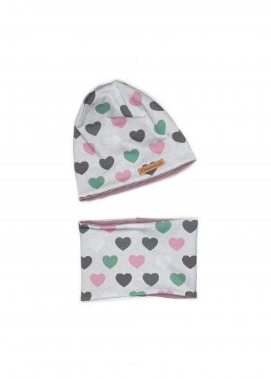 Set Beanie Loop Herzen grau/bunt 