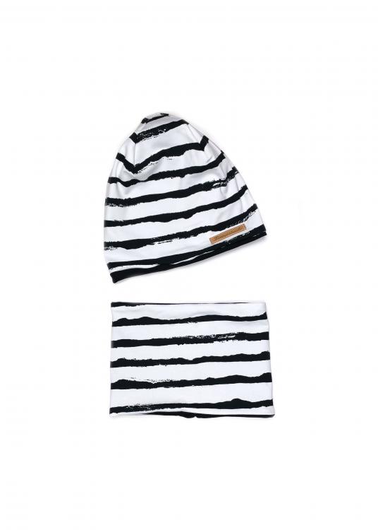 Set Beanie Loop schwarz/weiß gestreift 