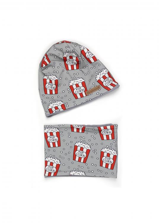 Set Beanie Loop Popcorn grau 